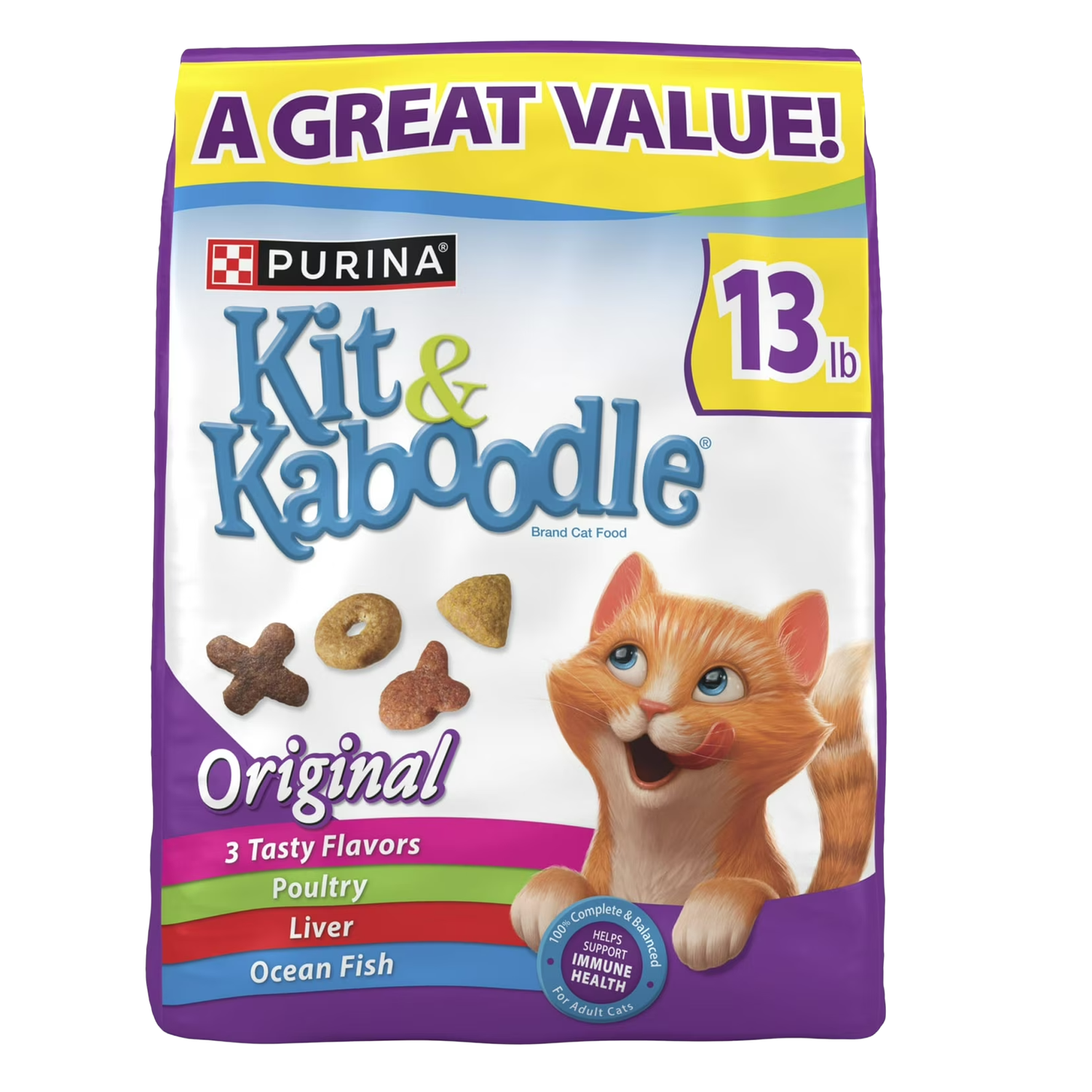 Purina Kit &amp; Kaboodle Original adult cat food 13 lb bag with poultry, liver and ocean fish flavors.
