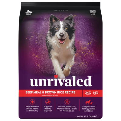 Front of Unrivaled Beef Meal &amp; Brown Rice Recipe 40 lb dog food bag with a black-and-white dog on purple packaging