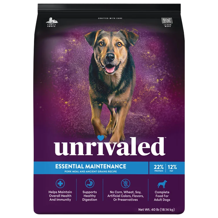 Front of Unrivaled Essential Maintenance 40 lb dog food bag with a dog on purple packaging and a blue pork meal and ancient grains label