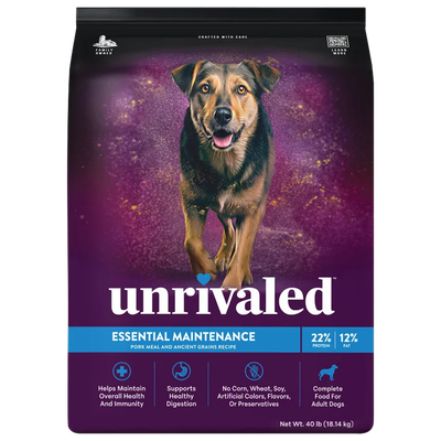 Front of Unrivaled Essential Maintenance 40 lb dog food bag with a dog on purple packaging and a blue pork meal and ancient grains label