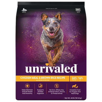 Front of Unrivaled Chicken Meal &amp; Brown Rice Recipe 40 lb dog food bag with a running dog on purple packaging and yellow label