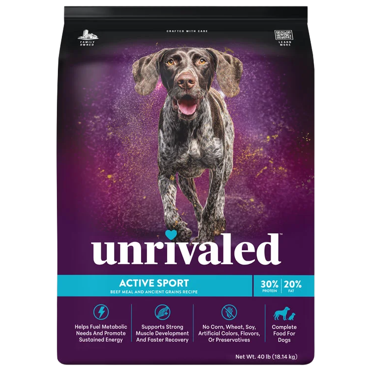 Front of Unrivaled Active Sport Beef Meal and Ancient Grains Recipe 40 lb bag with running dog, purple packaging and turquoise label