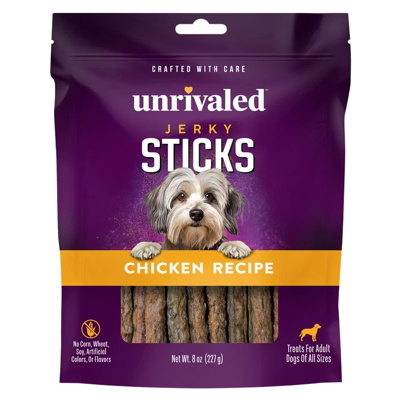 Front of Unrivaled Chicken Recipe Jerky Sticks 8 oz purple pouch with dog and visible treat sticks