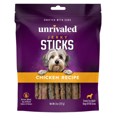 Front of Unrivaled Chicken Recipe Jerky Sticks 8 oz purple pouch with dog and visible treat sticks