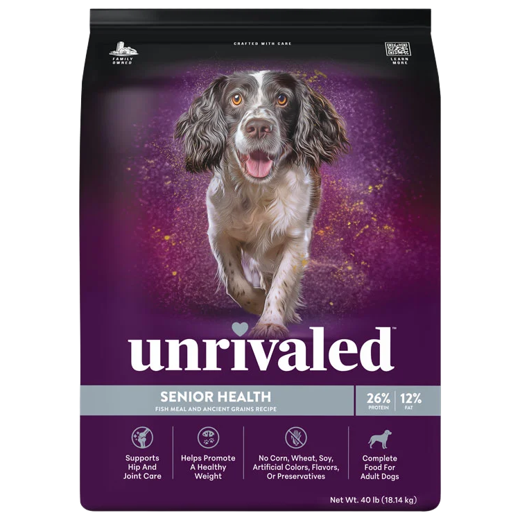 Front of Unrivaled Senior Health Fish Meal and Ancient Grains Recipe 40 lb bag with dog, purple packaging and gray label