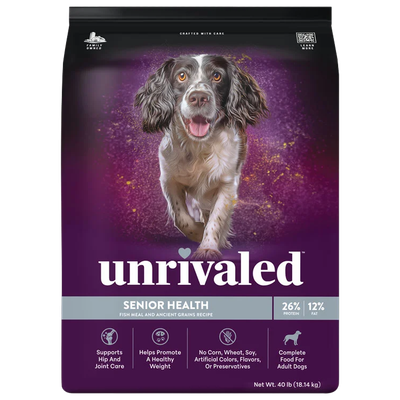 Front of Unrivaled Senior Health Fish Meal and Ancient Grains Recipe 40 lb bag with dog, purple packaging and gray label