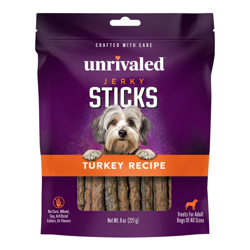 Front of Unrivaled Turkey Recipe Jerky Sticks 8 oz purple pouch with orange band, dog and visible treat sticks