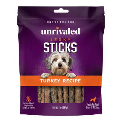 Front of Unrivaled Turkey Recipe Jerky Sticks 8 oz purple pouch with orange band, dog and visible treat sticks