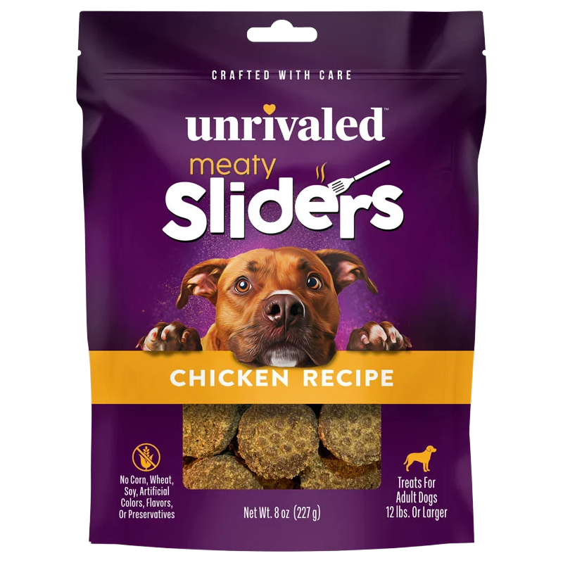 Front of Unrivaled Chicken Recipe Meaty Sliders 8 oz purple pouch with yellow band, dog and visible round treats