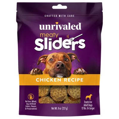 Front of Unrivaled Chicken Recipe Meaty Sliders 8 oz purple pouch with yellow band, dog and visible round treats