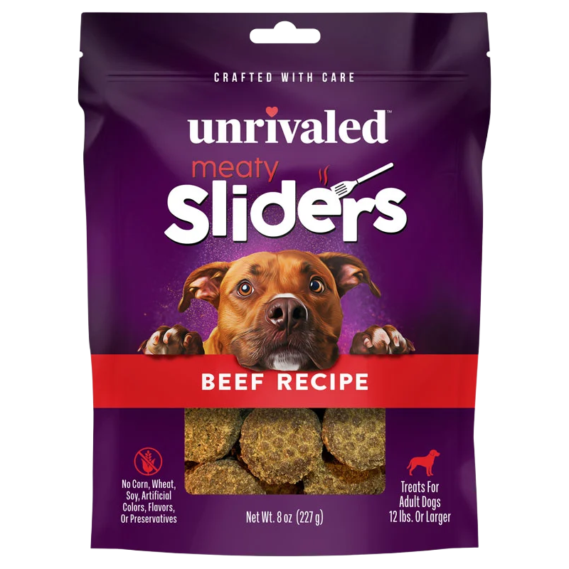Front of Unrivaled Beef Recipe Meaty Sliders 8 oz purple pouch with red band, dog and visible round treats