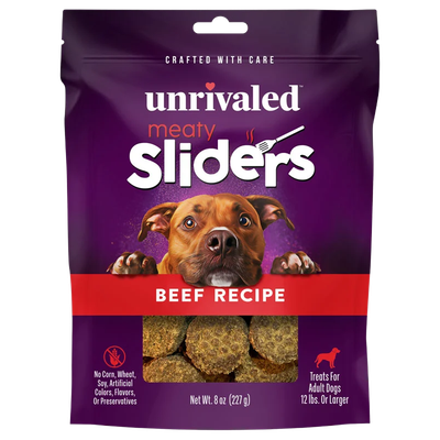 Front of Unrivaled Beef Recipe Meaty Sliders 8 oz purple pouch with red band, dog and visible round treats