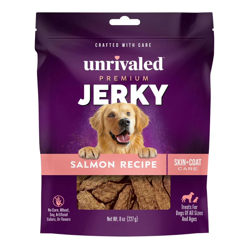 Front of Unrivaled Salmon Recipe Premium Jerky 8 oz purple pouch with pink band, dog and visible jerky pieces