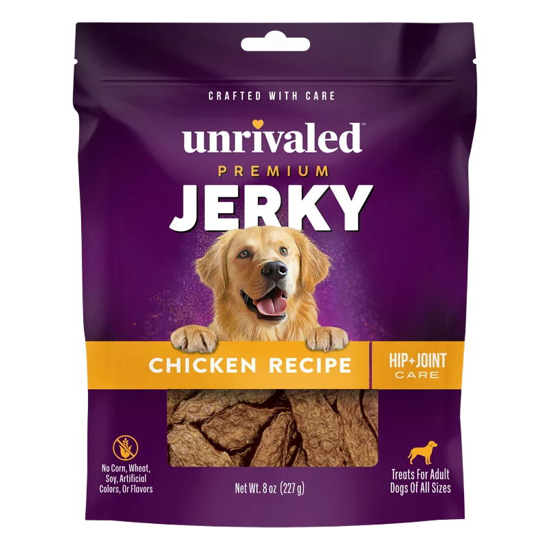 Front of Unrivaled Chicken Recipe Premium Jerky 8 oz purple pouch with yellow band, dog and visible jerky pieces
