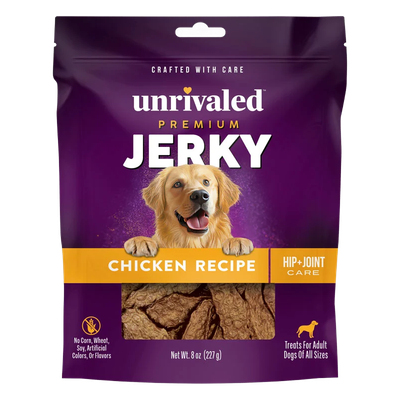 Front of Unrivaled Chicken Recipe Premium Jerky 8 oz purple pouch with yellow band, dog and visible jerky pieces