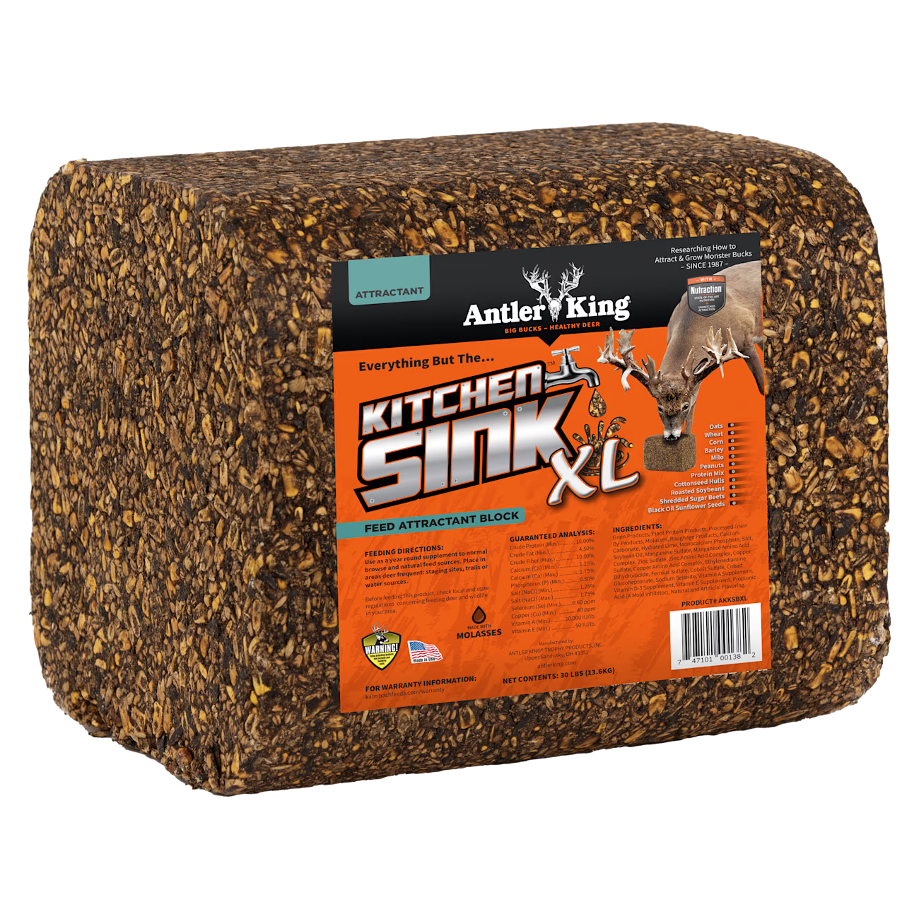 Antler King Kitchen Sink XL 30 lb grain feed block with orange front label