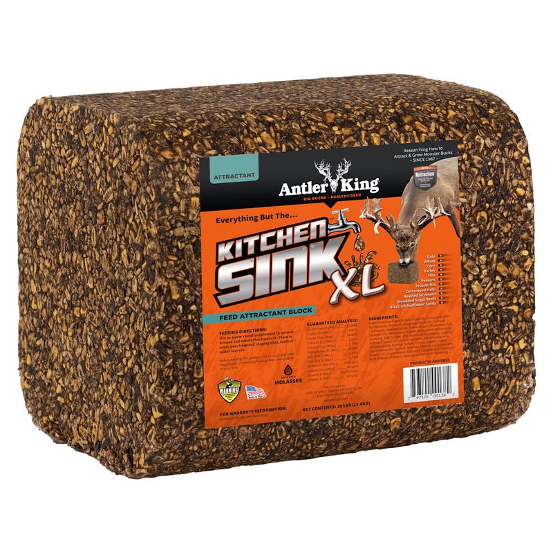 Antler King Kitchen Sink XL 30 lb grain feed block with orange front label