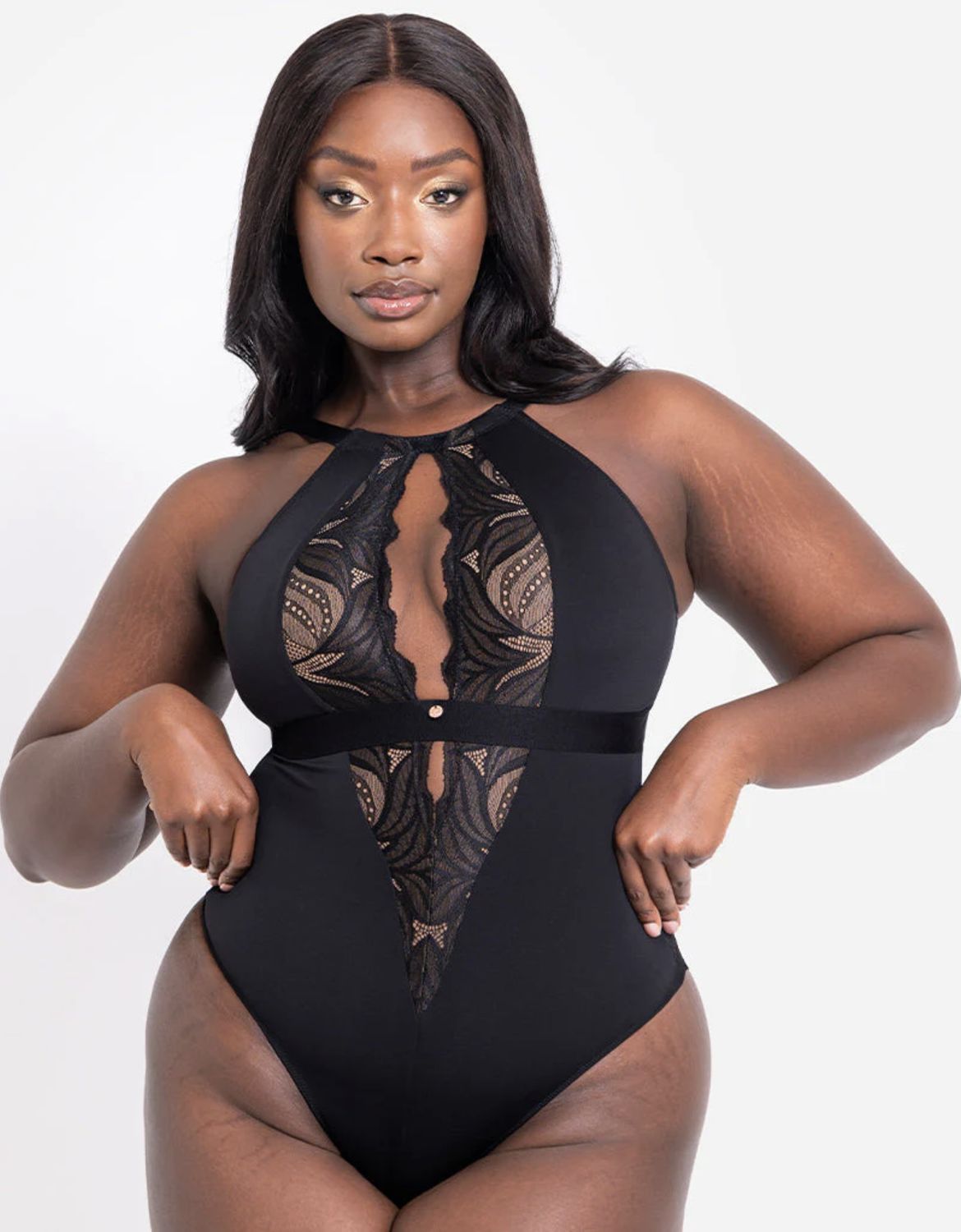 Indulgence Stretch Lace Bodysuit, Size: S, Colour: Black/Latte