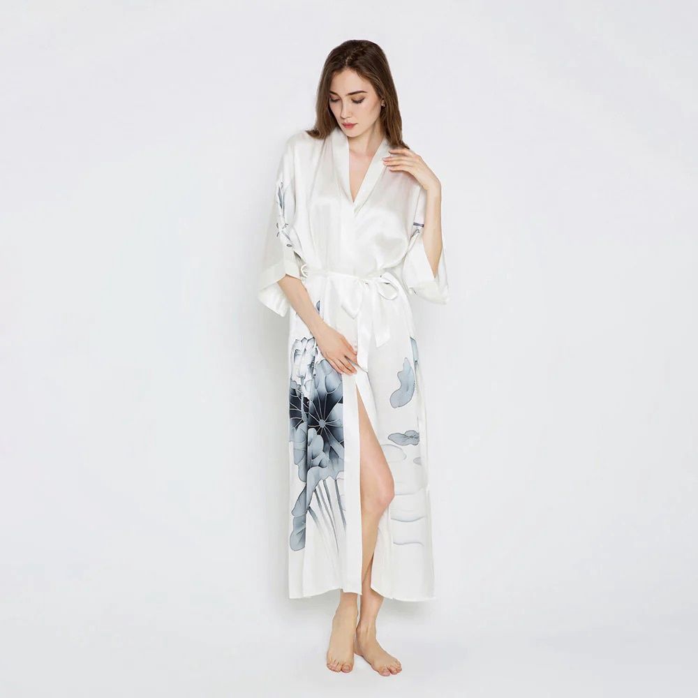 Silk Hand Painted Lotus Long Kimono, Colour: Black and White, Size: OS