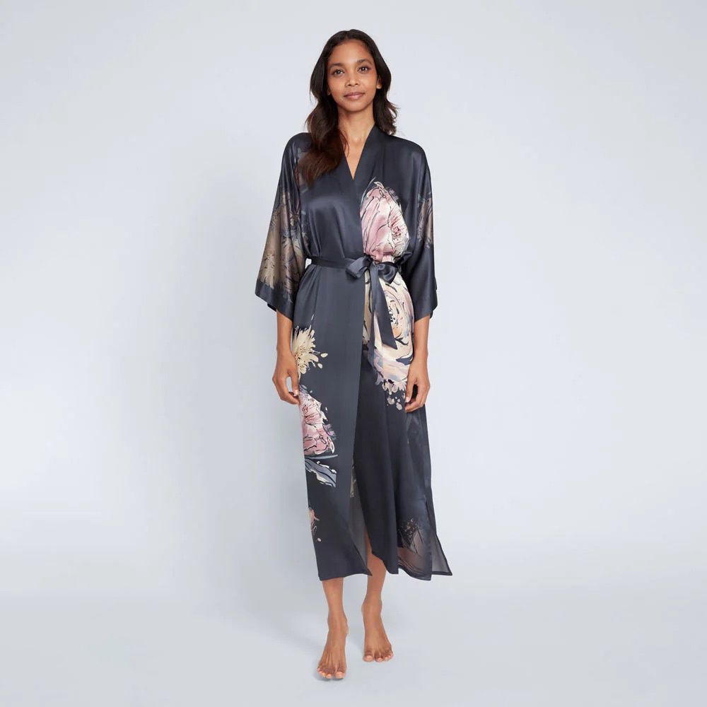 Silk Jia Long Kimono Robe, Colour: Grey, Size: OS