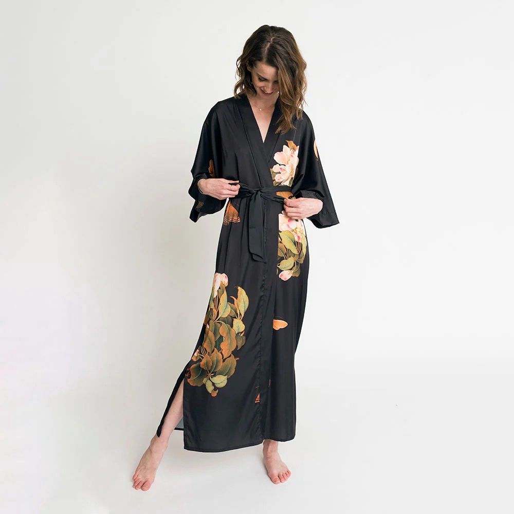 Peony &amp; Butterfly Long Kimono Robe, Colour: Black, Size: OS