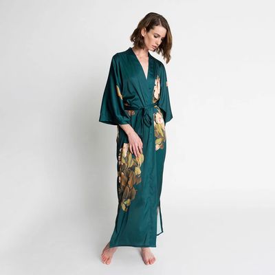 Vintage Teal Peony &amp; Butterfly Long Kimono Robe