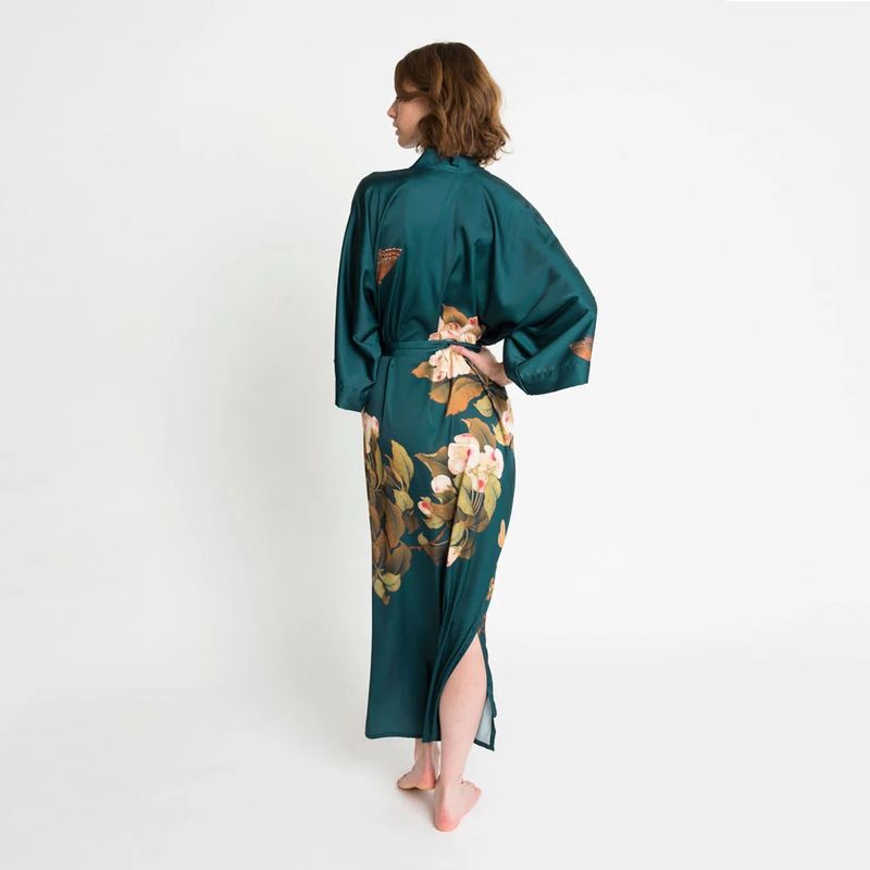 Vintage Teal Peony &amp; Butterfly Long Kimono Robe