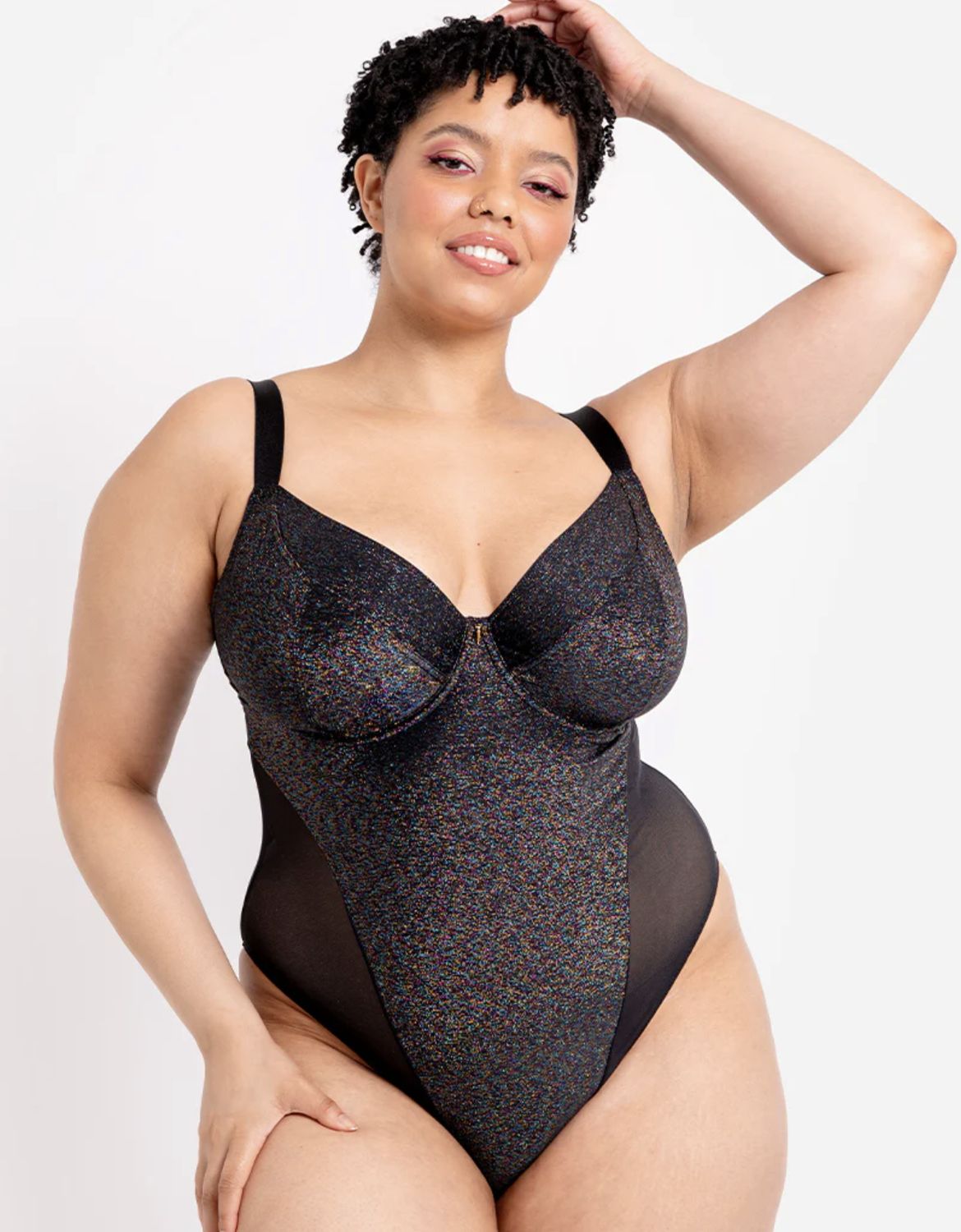 All Night Plunge Bodysuit, Colour: Black Multi Color, Size: 32DD