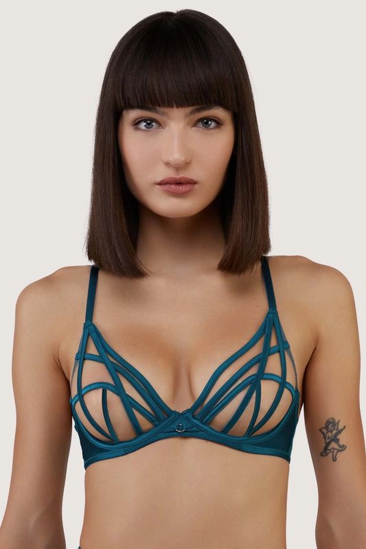 Ramona Teal Strap Detail Illusion Mesh Plunge Bra