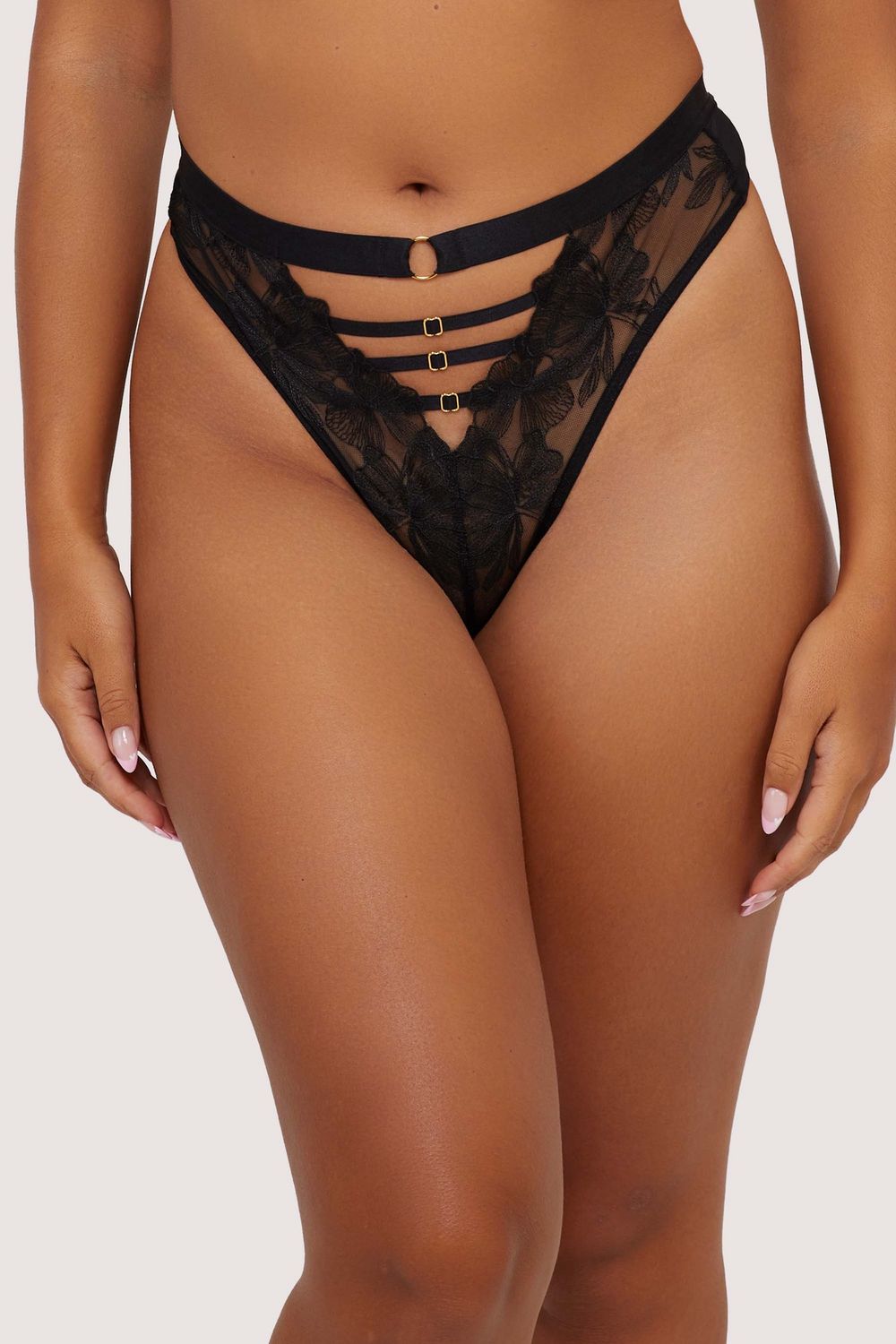 Eleanor Black Strappy Embroidery High Waist Thong, Colour: Black, Size: S