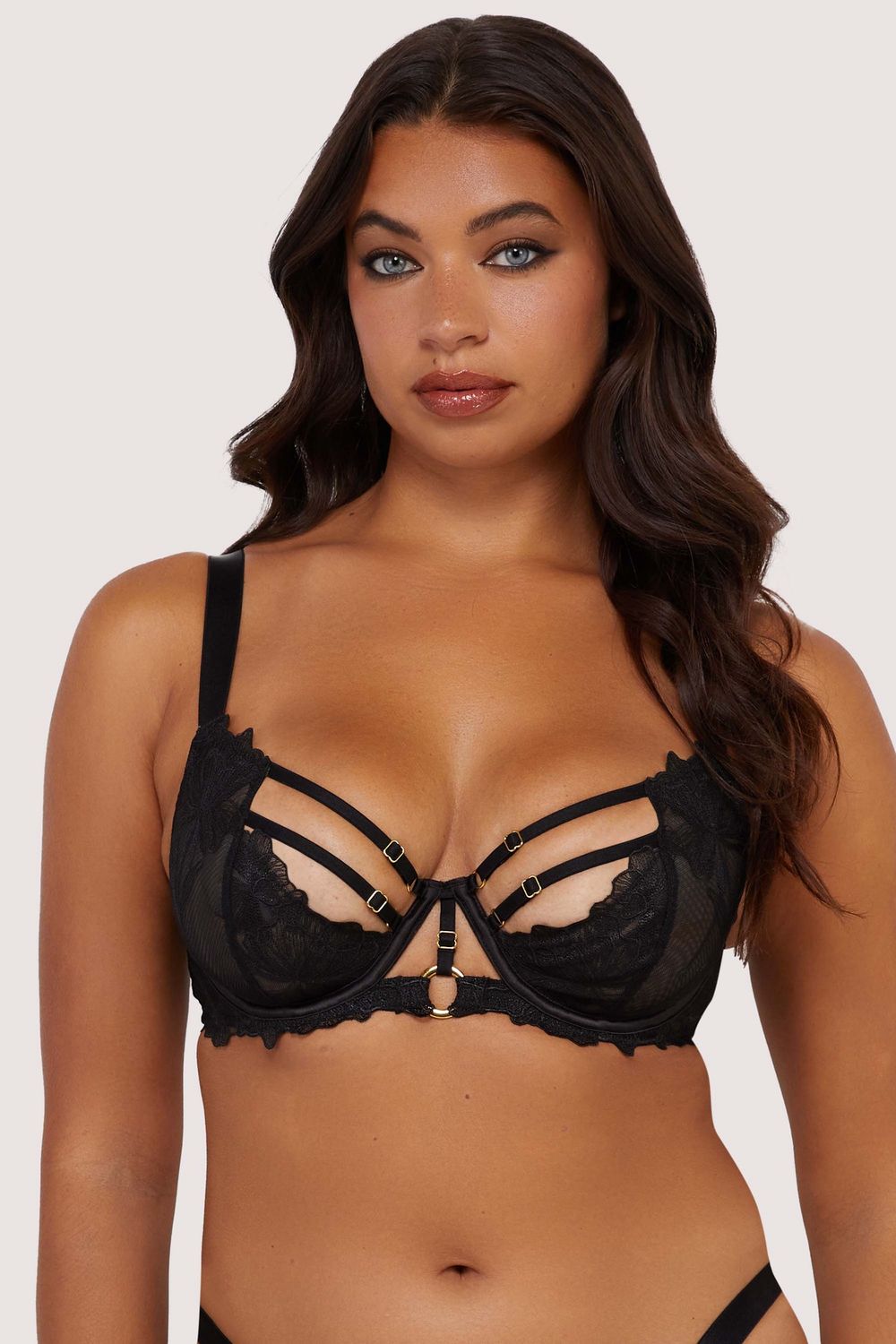 Eleanor Black Strappy Embroidery Balconette Bra, Colour: Black, Size: 34DD