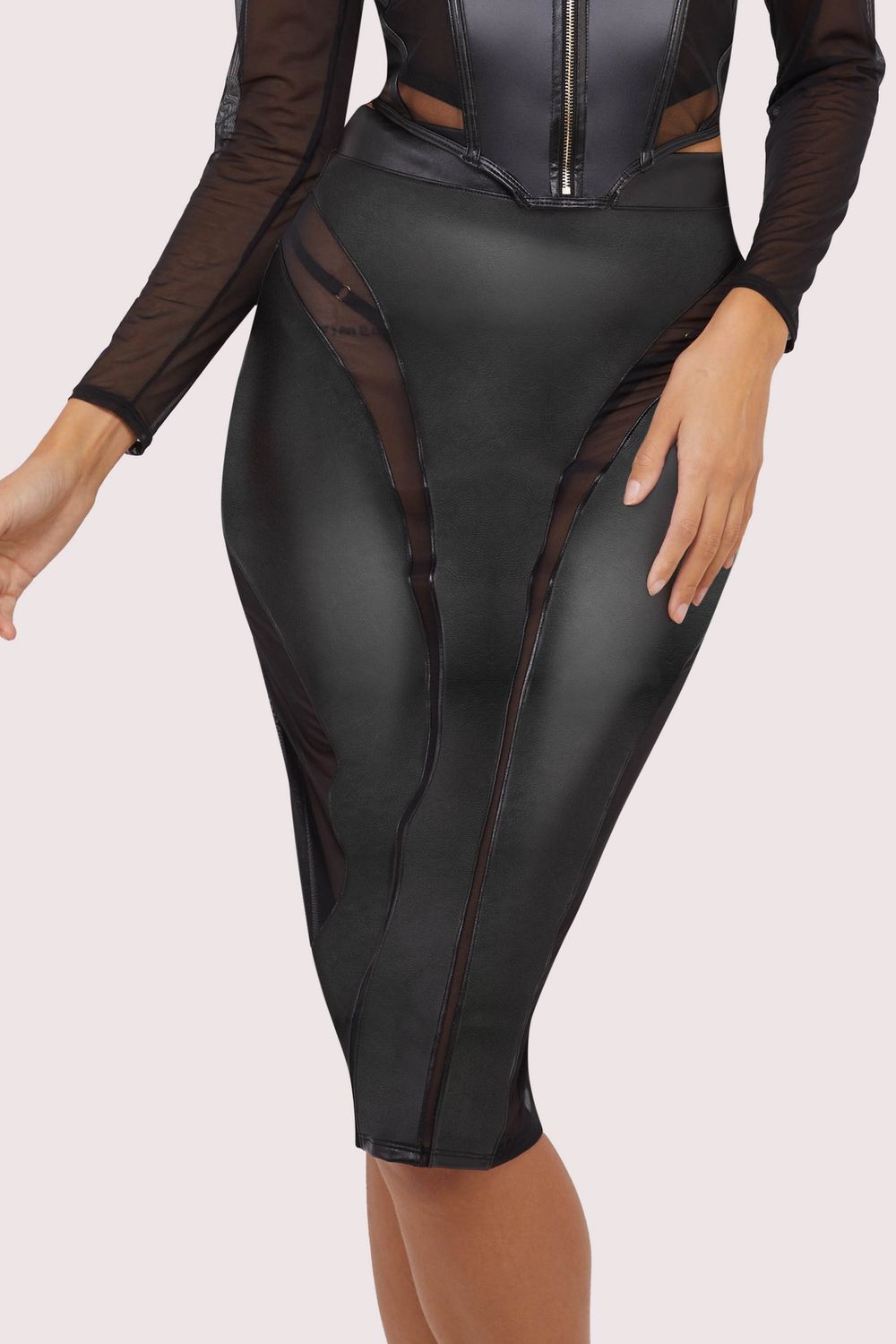 Maeve Black Vegan Leather Mesh Insert Pencil Skirt, Colour: Black, Size: XS