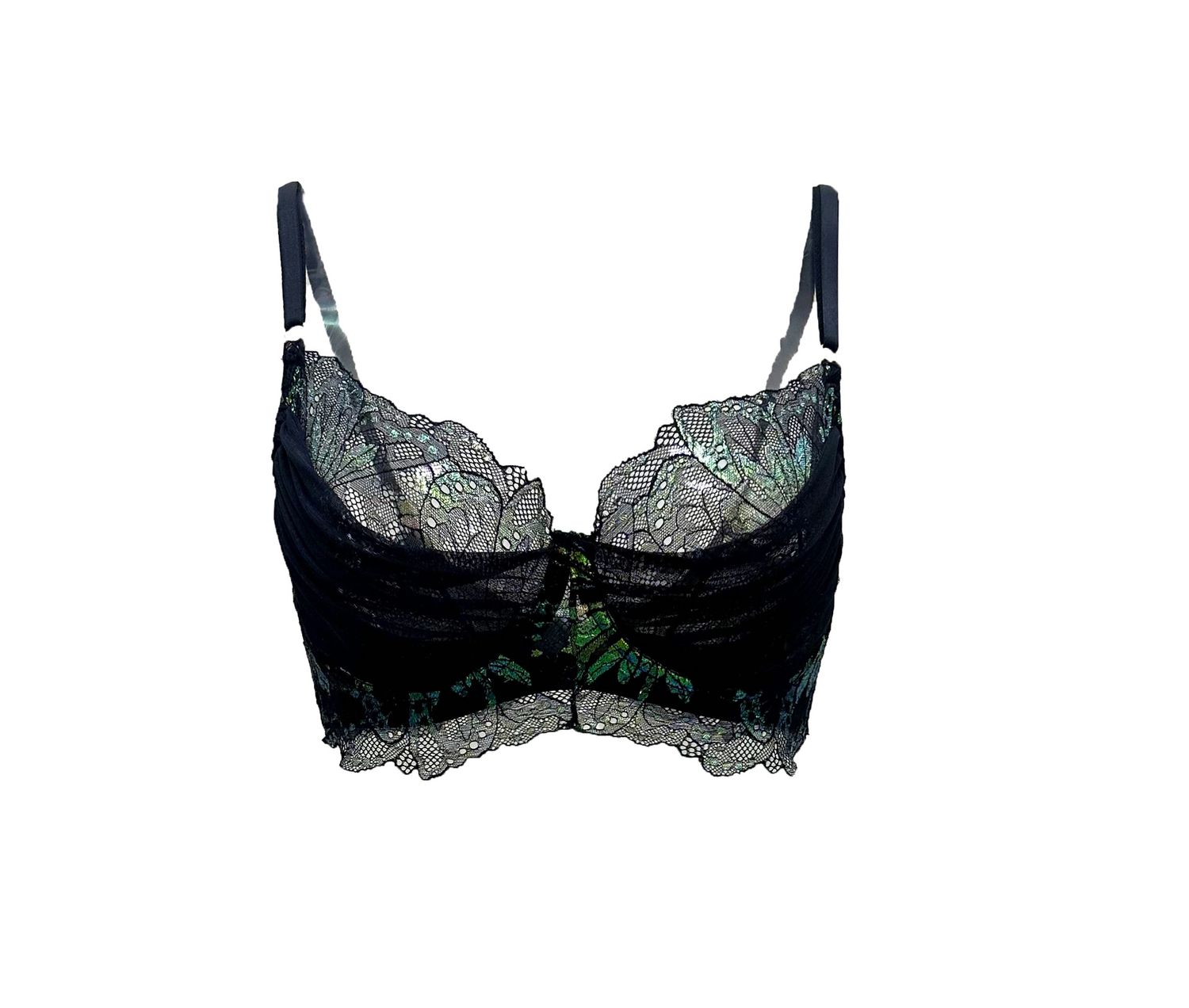 Kalimera Psyche Iridescent Stretch Lace Bra with Draped Tulle, Colour: Iridescent Black, Size: 32 C