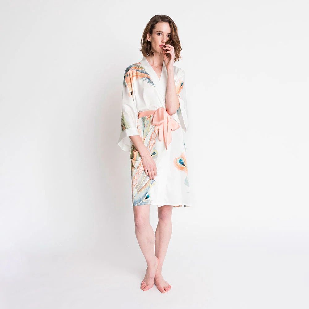 Peacock Feather Short Kimono, Colour: White, Size: One Size