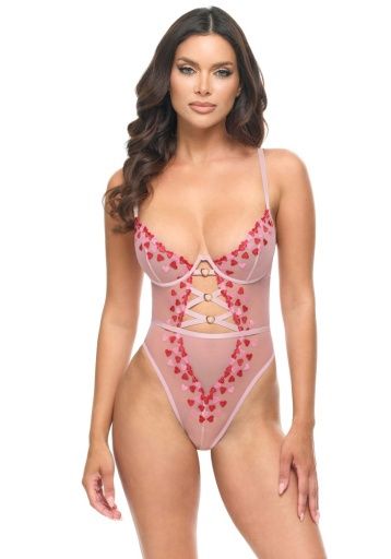 Sweety Sheer Heart Embroidered Teddy, Size: XL