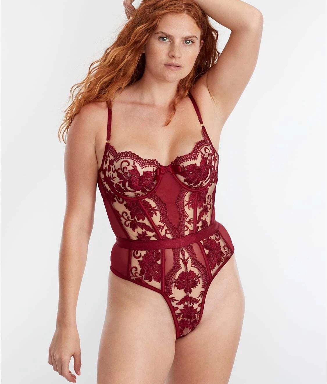 The Embroidery Collection Underwire Bodysuit, Colour: Ruby Wine, Size: XL