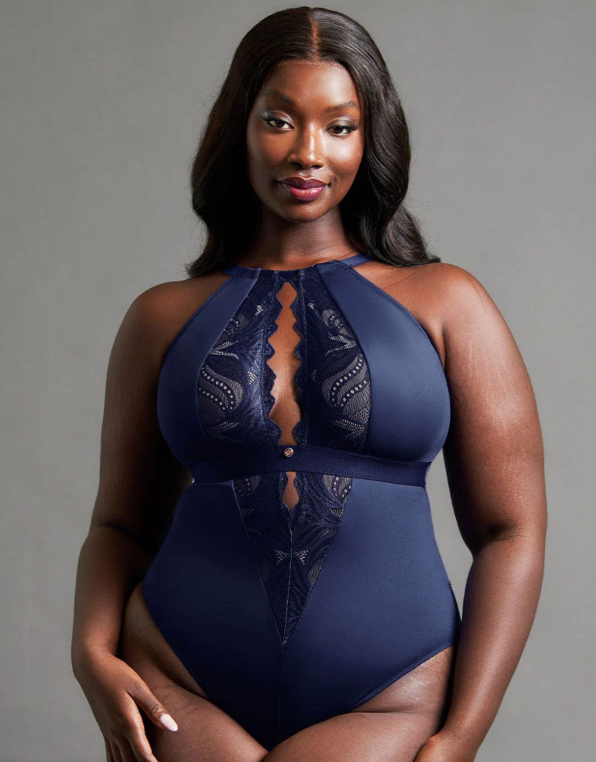 Indulgence Stretch Lace Bodysuit in Navy Blue, Colour: Navy Blue, Size: S