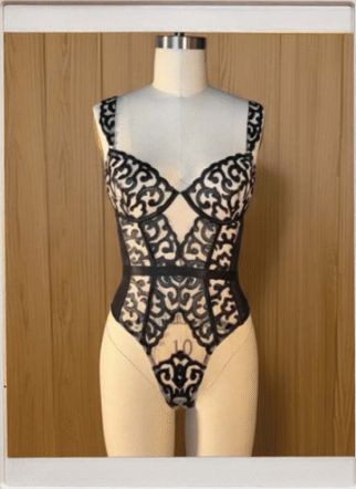 The Embroidered Leather Collection Underwire Bodysuit in Black, Colour: Black Laser Cut Faux Leather, Size: S