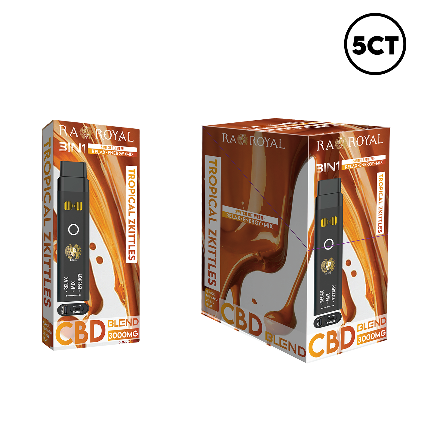 RA 3IN1 CBD+ DISPOSABLE 5CT BOX, FLAVOR: TROPICAL ZKITTLES