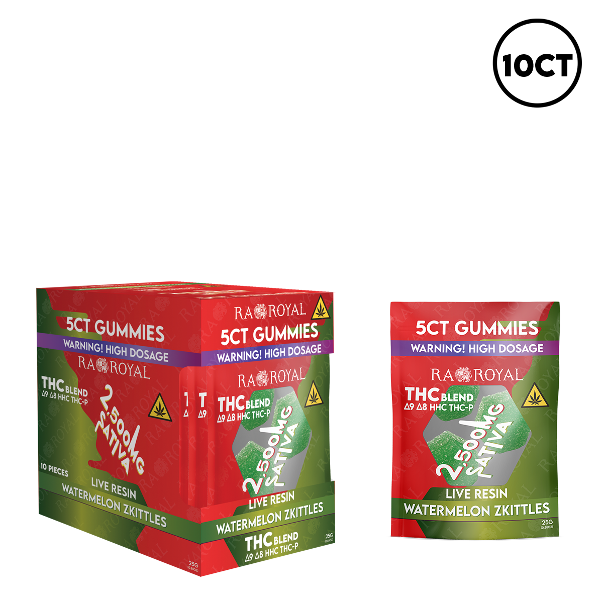 THC BLEND 2500MG 5CT GUMMY - 10CT DISPLAY, FLAVOR: WATERMELON ZKITTLES (SATIVA)