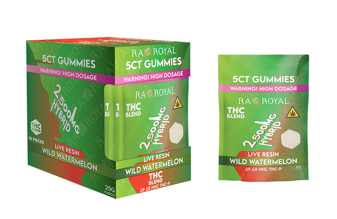 FL COMPLIANT THC BLEND 2500MG 5CT GUMMY - 10CT DISPLAY, FLAVOR: WILD WATERMELON (HYBRID)