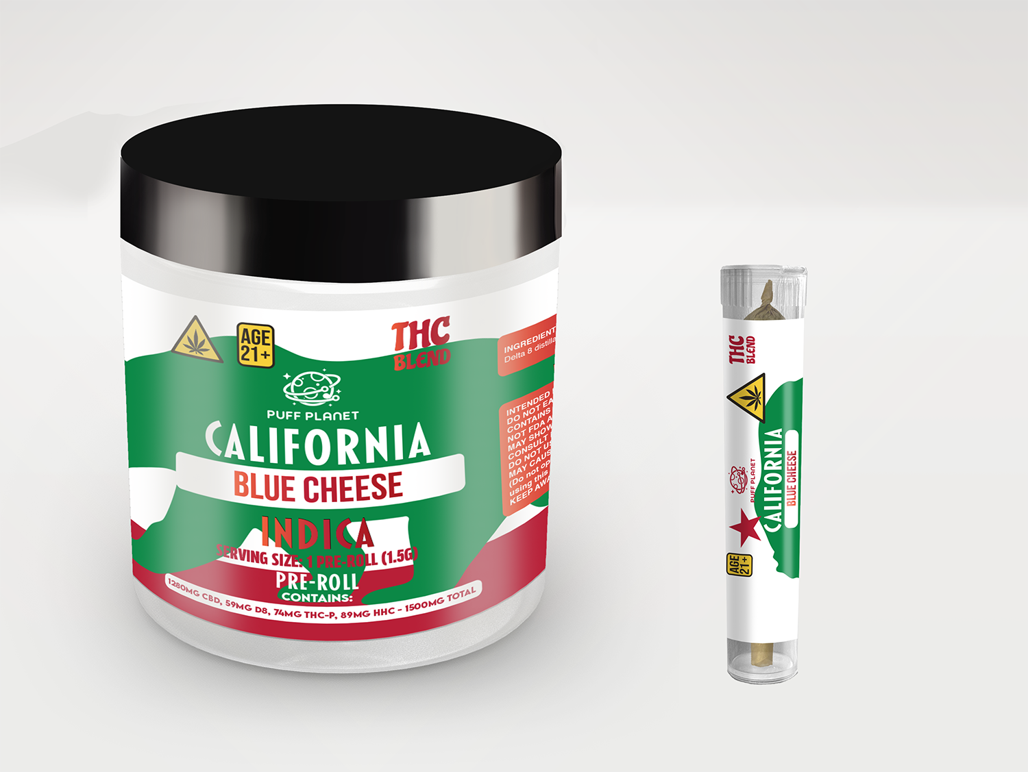 PUFF PLANET THC BLEND 1CT PREROLL - 12CT DISPLAY, FLAVOR: CALIFORNIA BLUE CHEESE (INDICA)