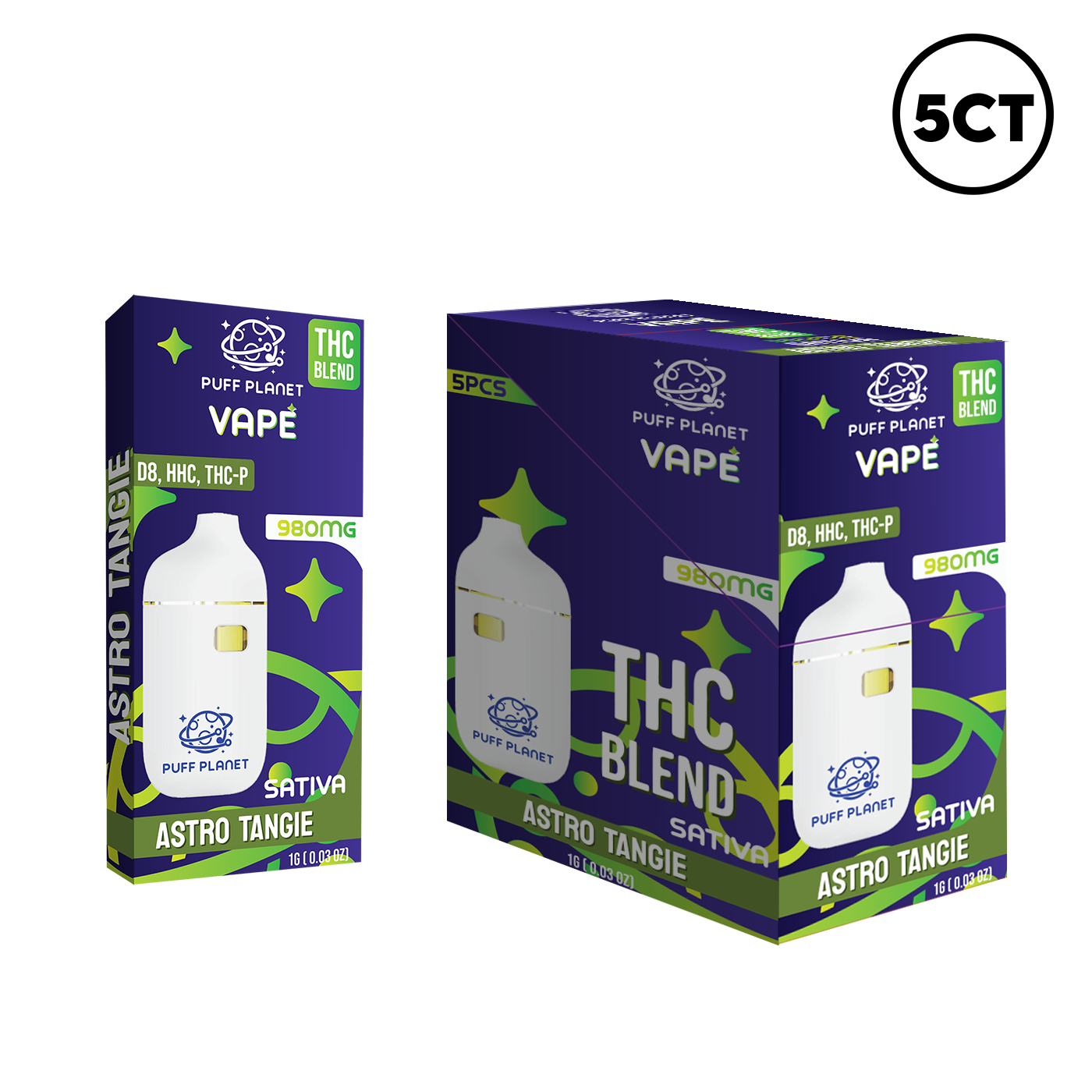 PUFF PLANET THC BLEND VAPE 5CT DISPLAY, FLAVOR: ASTRO TANGIE (SATIVA)