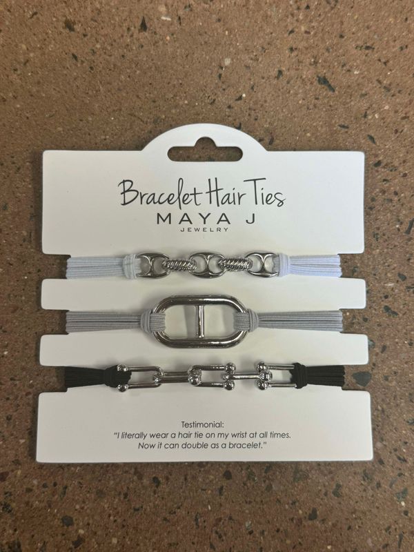 Maya J Bracelet Hair Ties- Silver w/ White, Black &amp; Gray Elastic