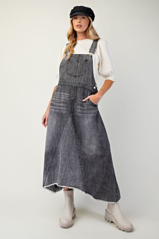 Washed Jumpsuit Denim Dress- Black