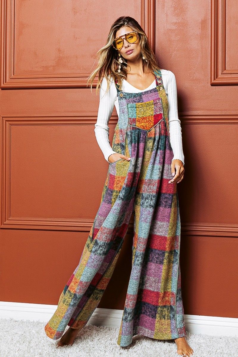 Vintage Brushed Checker Overalls- Lavender Multi