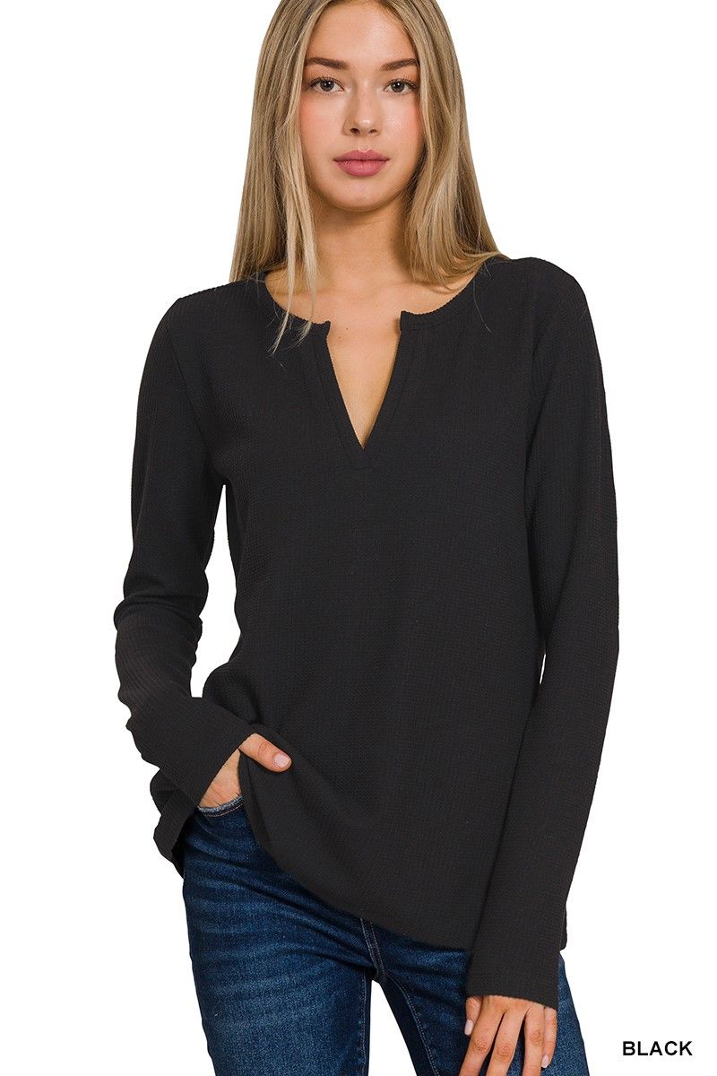 Melange Baby Waffle V-Neck LS, Color: Black, Size: Small