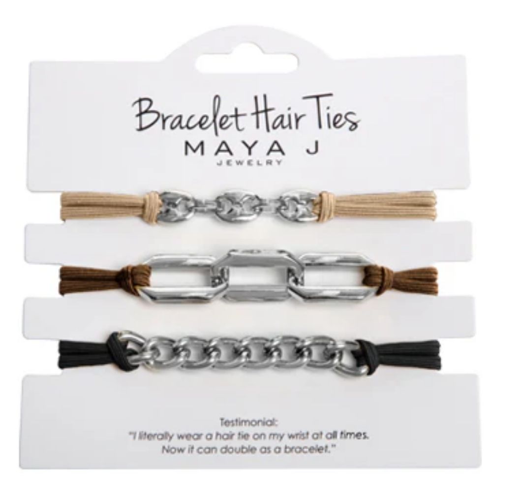 Maya J Bracelet Hair Ties- Silver w/ Brown, Beige and Black Elastic
