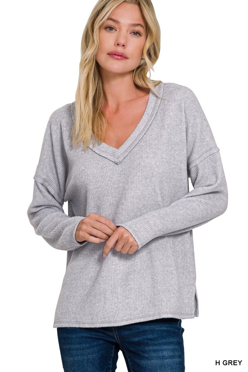 Ribbed V-Neck Drop Shoulder LS, Color: H Grey, Size: Small