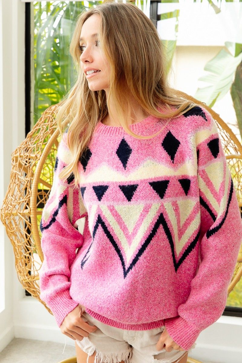 Ethnic Pattern Round Neck Sweater 